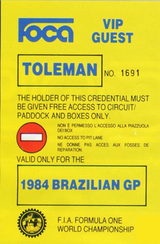 Το πρωτο πάσο που εξέδωσε η Toleman στον Ayrton Senna, το 1984 για το Βραζιλιάνικο GP