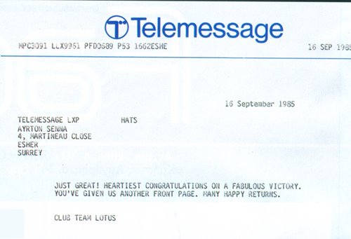 Συγχαρητήριο τηλεγράφημα της Lotus στον Ayrton για την 2η νίκη του. Τοτε, δεν υπήρχαν τα emails...
