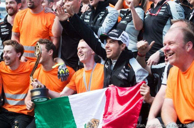 Sergio Perez (MEX) Sahara Force India F1 celebrates his third position with the team. Monaco Grand Prix, Sunday 29th May 2016. Monte Carlo, Monaco.